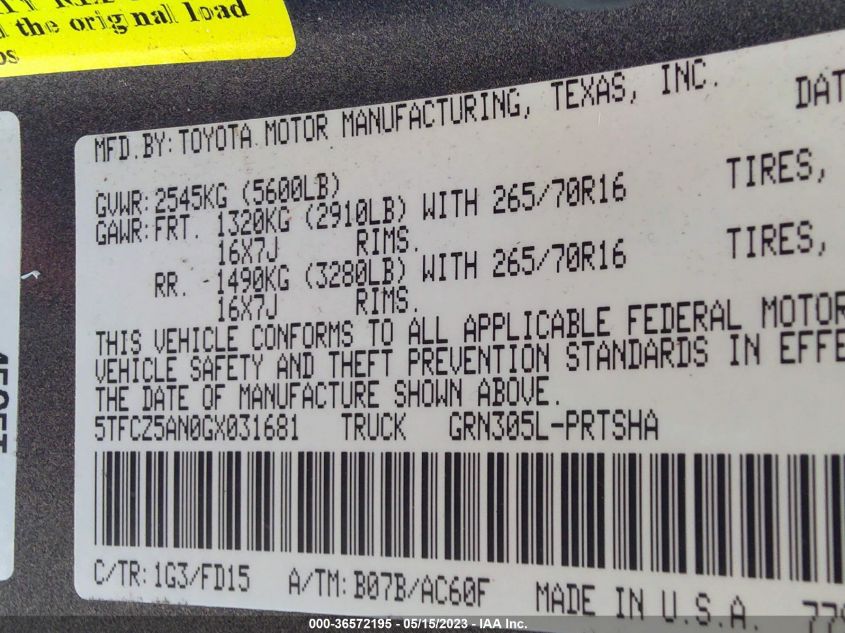 2016 TOYOTA TACOMA SR/SR5/TRD SPORT - 5TFCZ5AN0GX031681