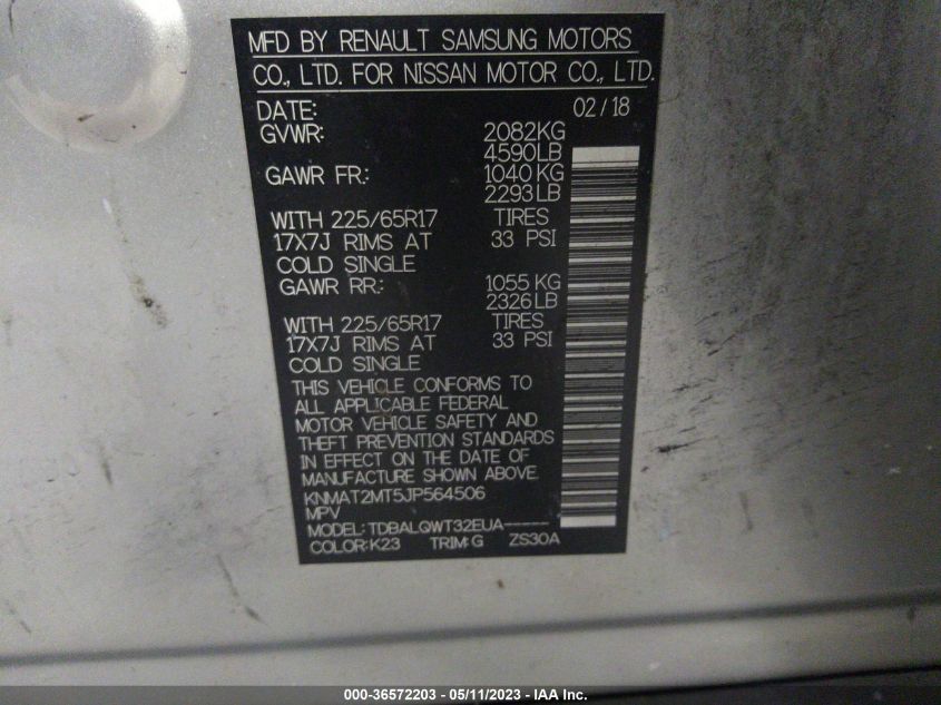 2018 NISSAN ROGUE SV - KNMAT2MT5JP564506