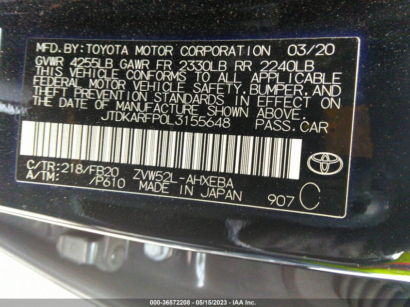 VIN JTDKARFP0L3155648 2020 TOYOTA PRIUS PRIME LE/XLE/LIMITED