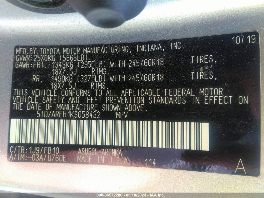 2019 TOYOTA HIGHLANDER LE - 5TDZARFH1KS058432