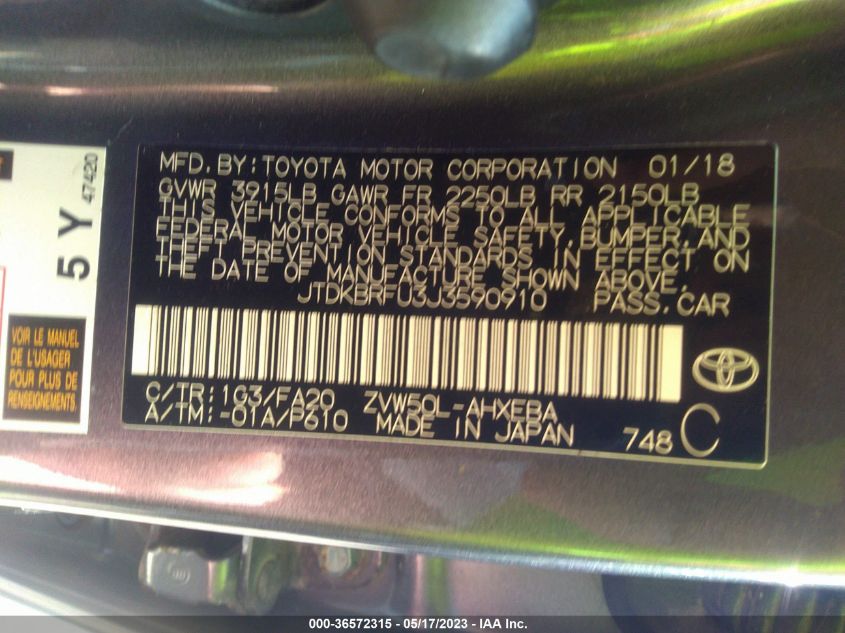 2018 TOYOTA PRIUS TWO/TWO ECO/THREE - JTDKBRFU3J3590910