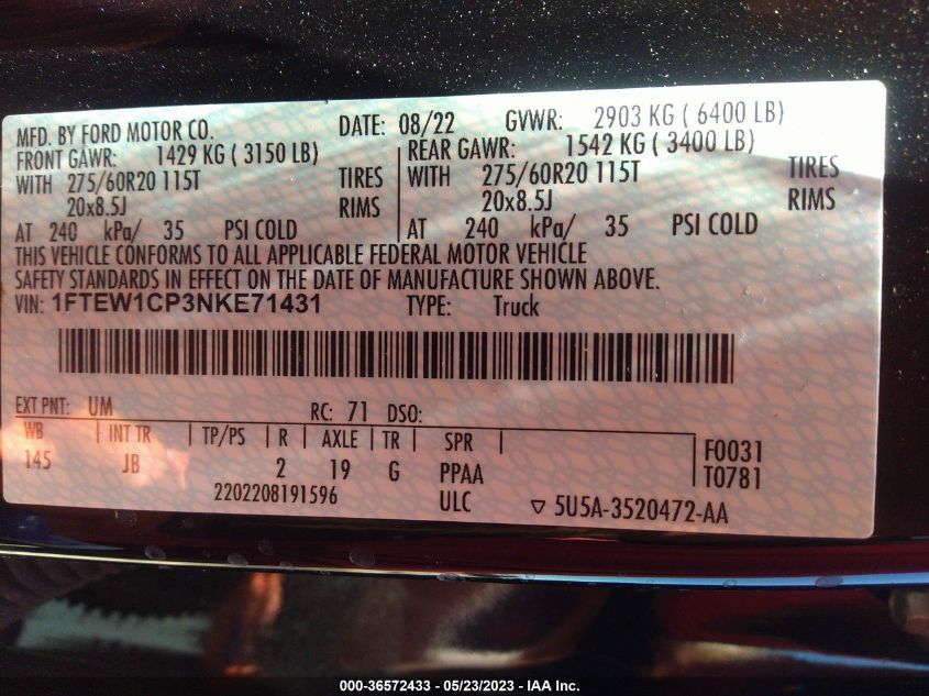 2022 FORD F-150 XL/XLT/LARIAT - 1FTEW1CP3NKE71431
