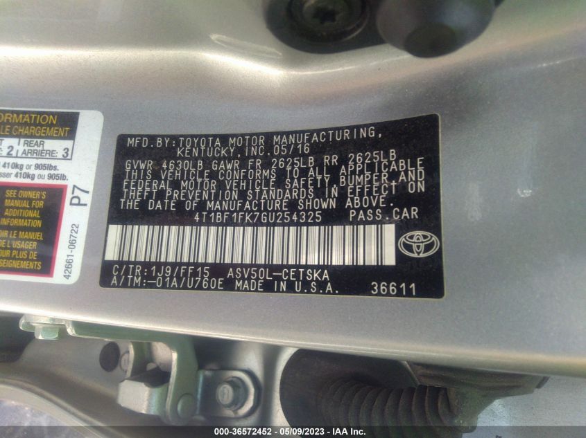 2016 TOYOTA CAMRY XLE/SE/LE/XSE - 4T1BF1FK7GU254325