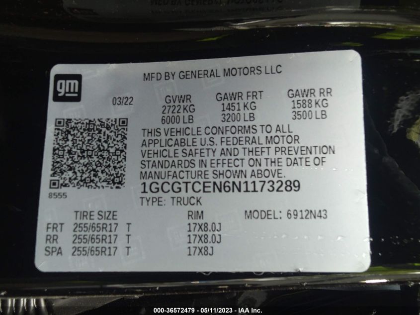 2022 CHEVROLET COLORADO 4WD LT - 1GCGTCEN6N1173289
