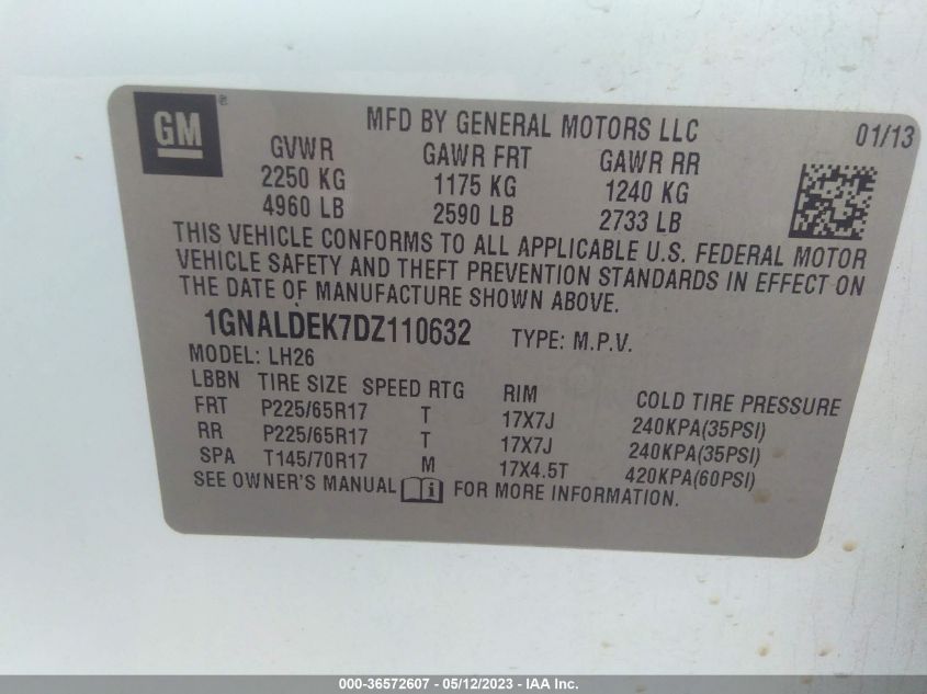 2013 CHEVROLET EQUINOX LT - 1GNALDEK7DZ110632