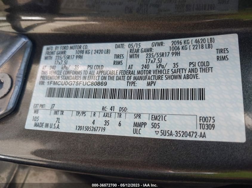 2015 FORD ESCAPE SE - 1FMCU0G75FUC80869