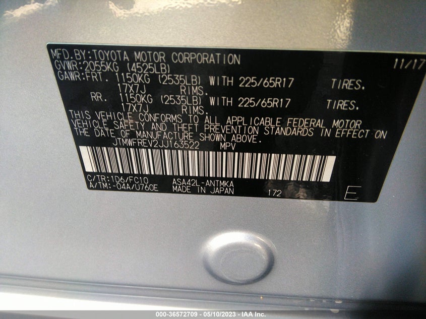 VIN JTMWFREV2JJ163522 2018 TOYOTA RAV4 XLE/ADVENTURE