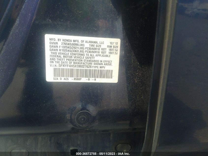 2013 HONDA PILOT EX-L - 5FNYF4H5XDB027626
