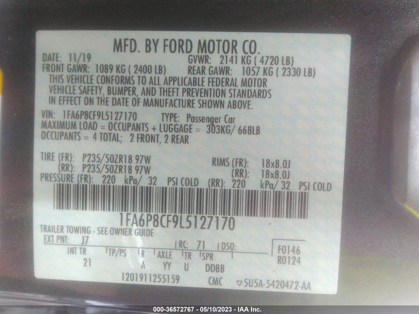 VIN 1FA6P8CF9L5127170 2020 FORD MUSTANG GT