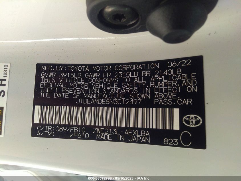 2022 TOYOTA COROLLA HYBRID LE - JTDEAMDE8N3012497