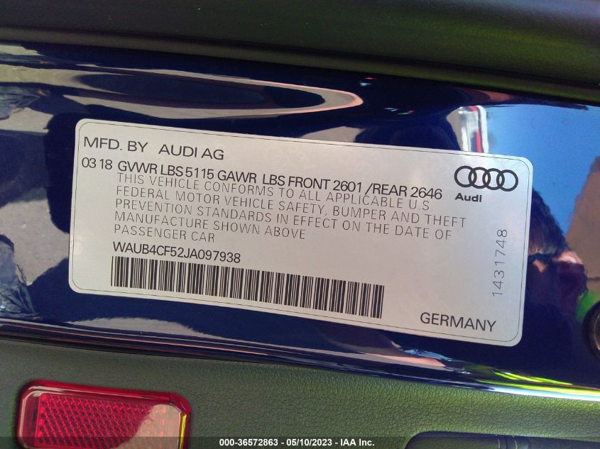 2018 AUDI S5 SPORTBACK PREMIUM PLUS WAUB4CF52JA097938