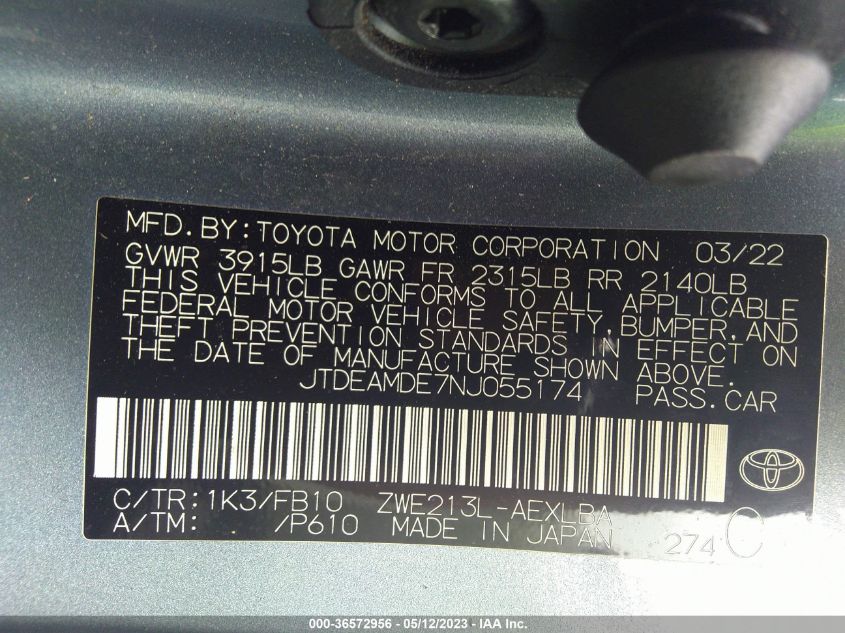 2022 TOYOTA COROLLA HYBRID LE - JTDEAMDE7NJ055174