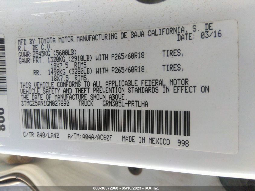 2016 TOYOTA TACOMA LIMITED - 3TMGZ5AN1GM027890