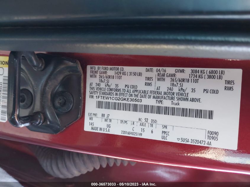 2016 FORD F-150 XL/LARIAT - 1FTEW1CG2GKE30503