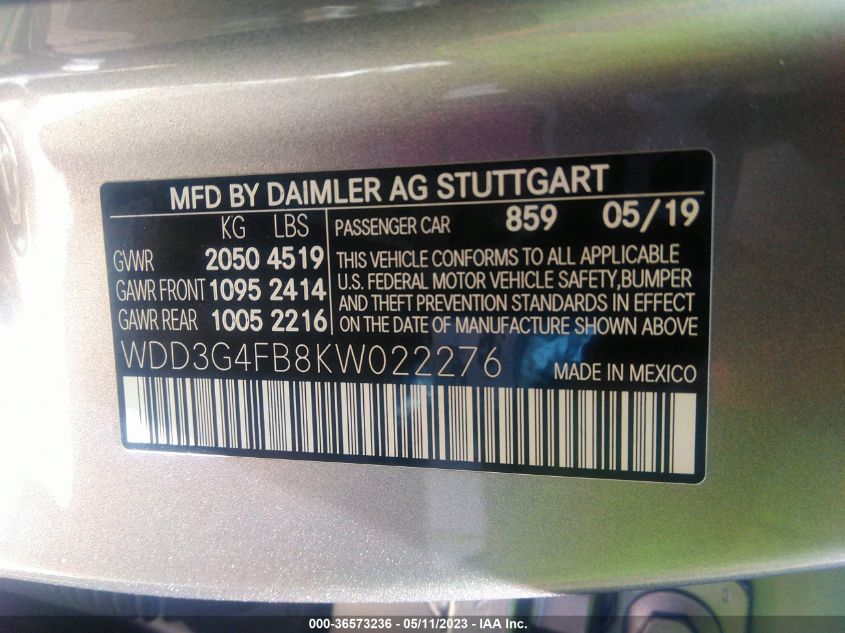 2019 MERCEDES-BENZ A-CLASS A 220 WDD3G4FB8KW022276