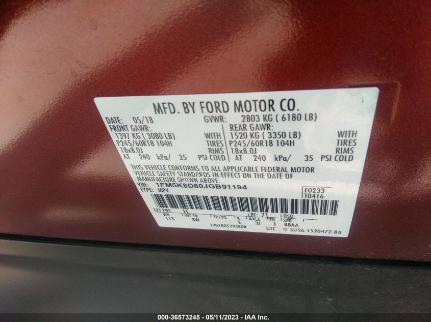 2018 FORD EXPLORER XLT - 1FM5K8D80JGB91194
