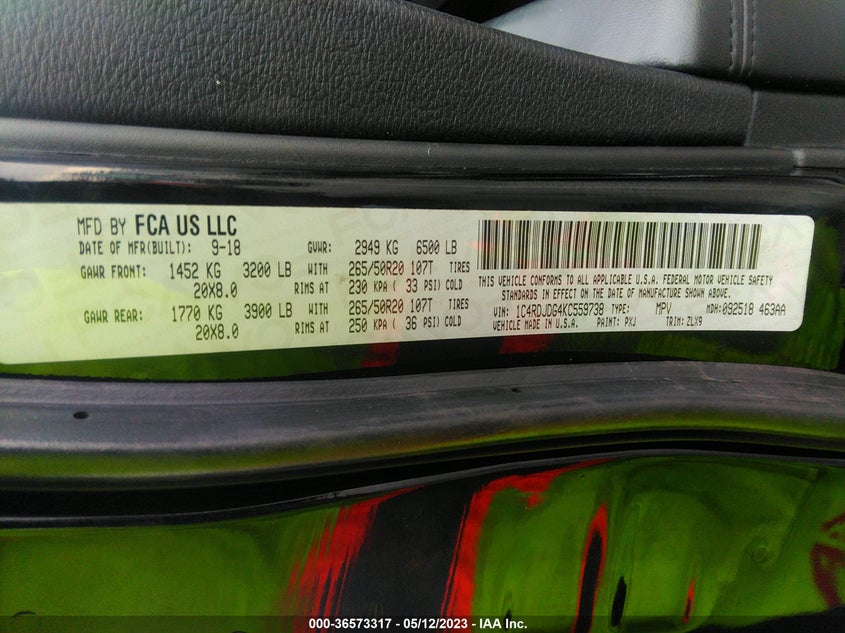 VIN 1C4RDJDG4KC559738 2019 DODGE DURANGO GT PLUS