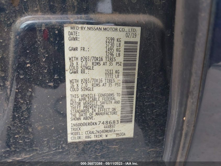 2019 NISSAN FRONTIER SV - 1N6DD0ER0KN748683