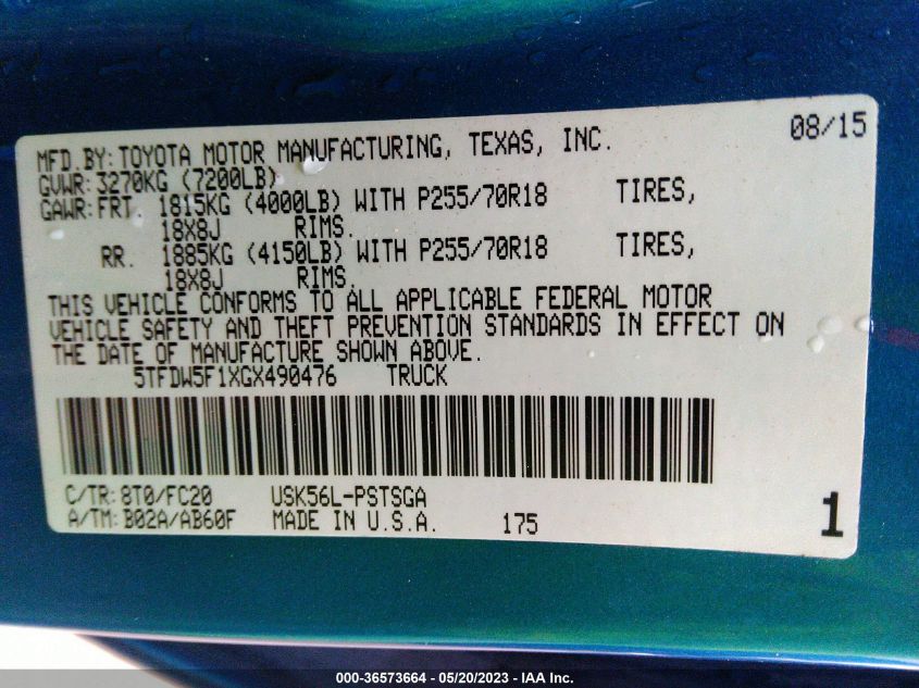 2016 TOYOTA TUNDRA 4WD TRUCK SR5/TRD PRO - 5TFDW5F1XGX490476