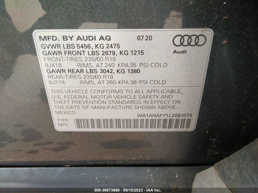 WA1ANAFY1L2097074 2020 AUDI Q5, photo no. 9