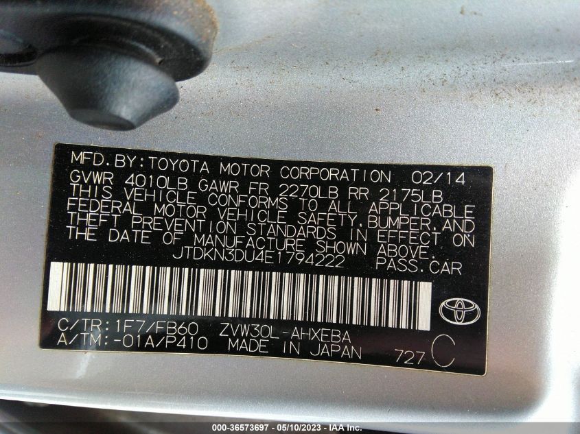 2014 TOYOTA PRIUS FOUR/FIVE/THREE/ONE/TWO - JTDKN3DU4E1794222
