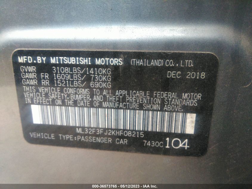 2019 MITSUBISHI MIRAGE G4 ES/RF - ML32F3FJ2KHF08215