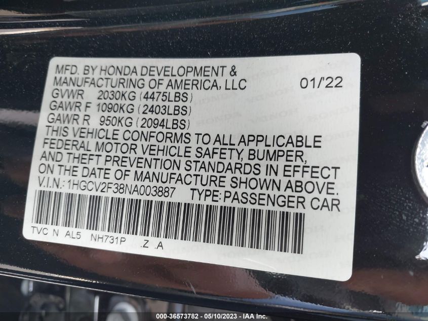 2022 HONDA ACCORD SEDAN SPORT - 1HGCV2F38NA003887