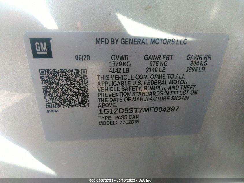 2021 CHEVROLET MALIBU LT - 1G1ZD5ST7MF004297