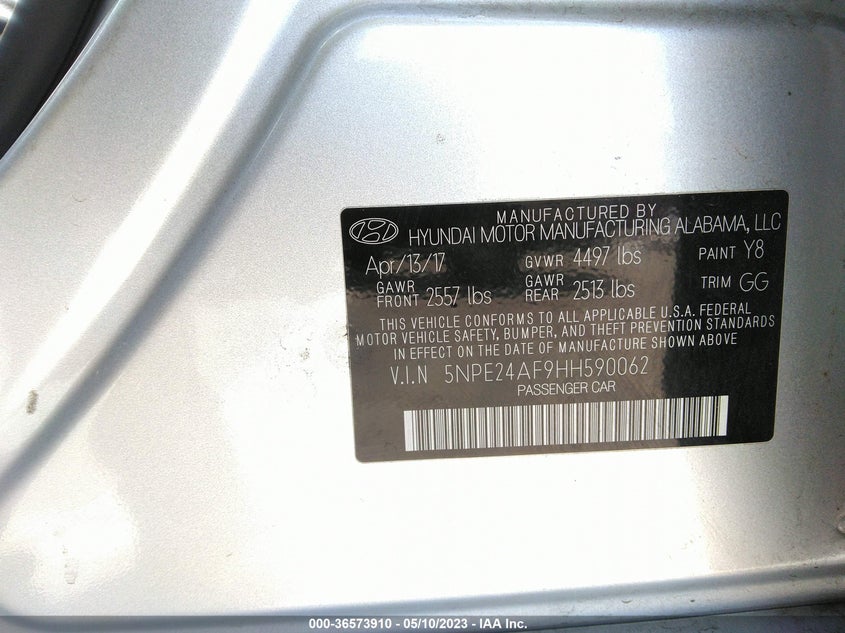 VIN 5NPE24AF9HH590062 2017 HYUNDAI SONATA 2.4L