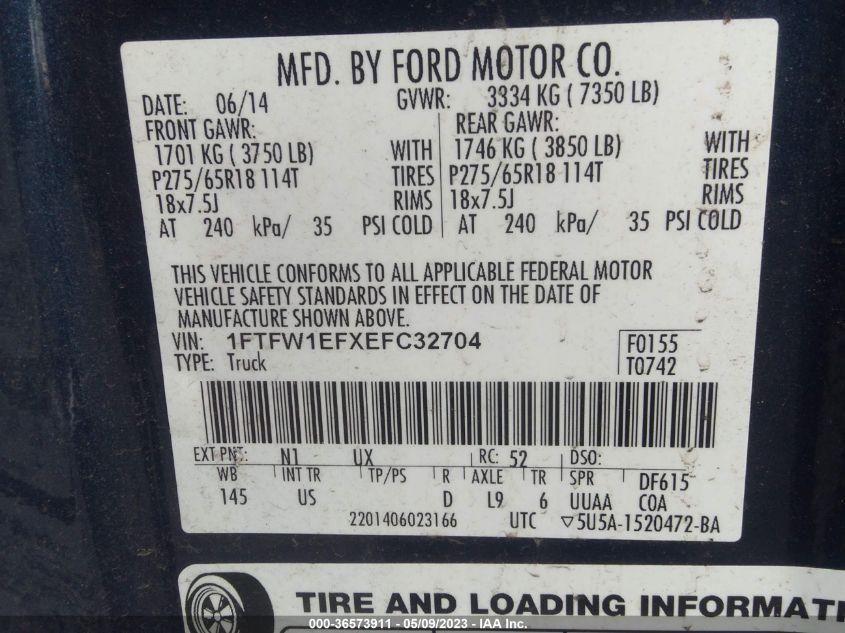 2014 FORD F-150 XL/XLT/STX/FX4/LARIAT - 1FTFW1EFXEFC32704
