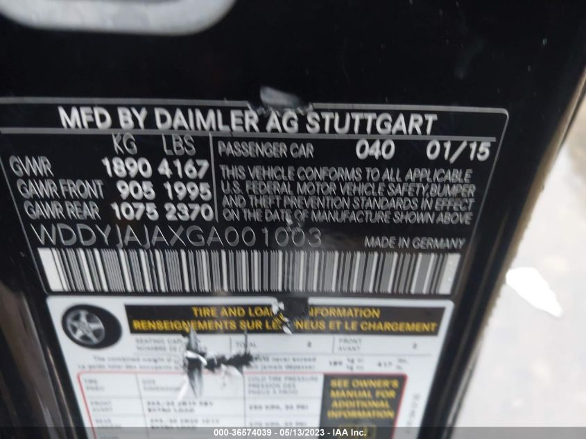2016 MERCEDES-BENZ AMG GT S WDDYJAJAXGA001003