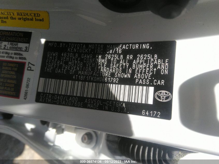 2017 TOYOTA CAMRY XLE/SE/LE/XSE - 4T1BF1FK0HU661792