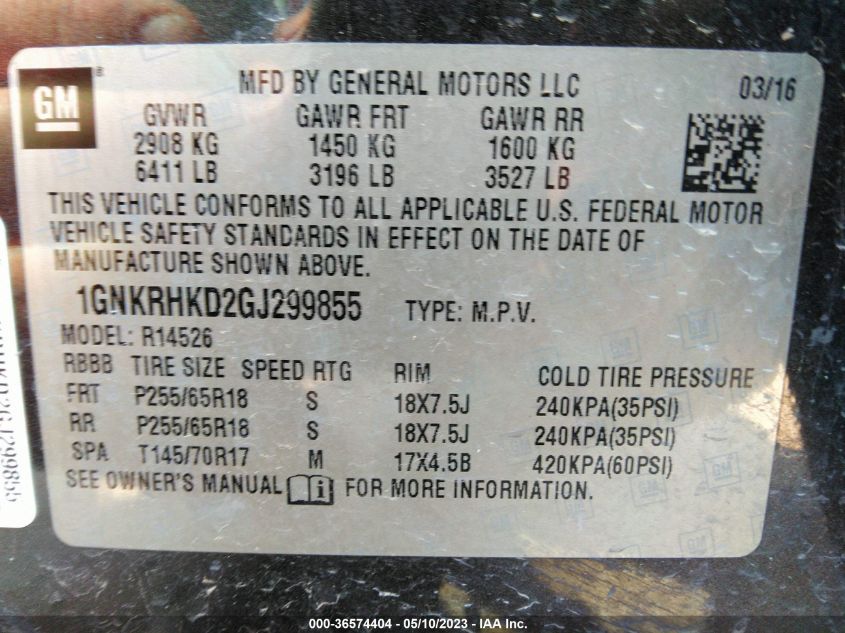 2016 CHEVROLET TRAVERSE LT - 1GNKRHKD2GJ299855