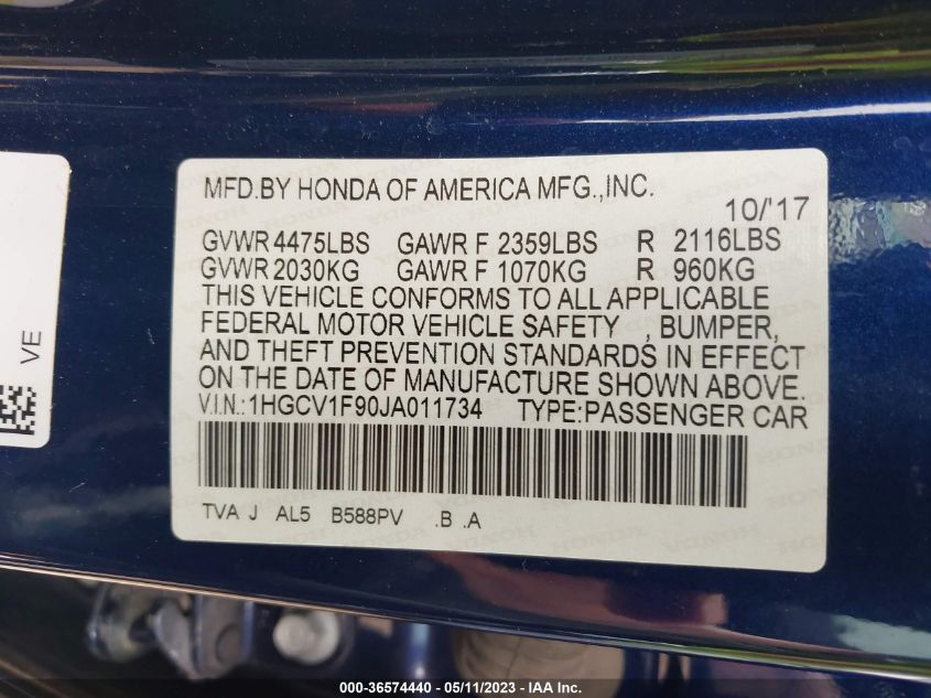 2018 HONDA ACCORD SEDAN TOURING 1.5T - 1HGCV1F90JA011734