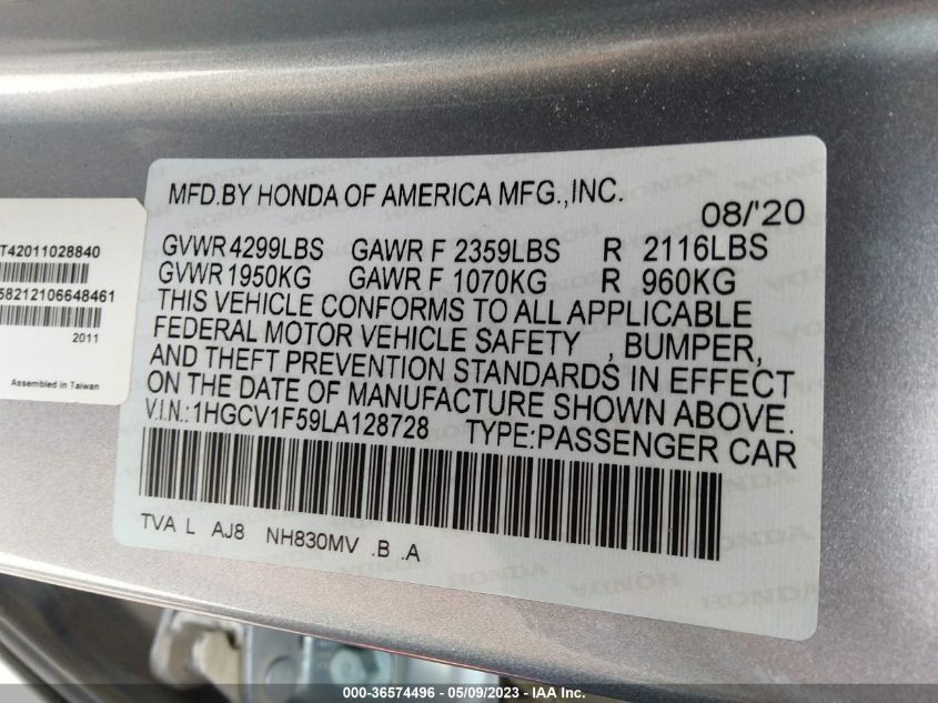2020 HONDA ACCORD SEDAN EX-L - 1HGCV1F59LA128728