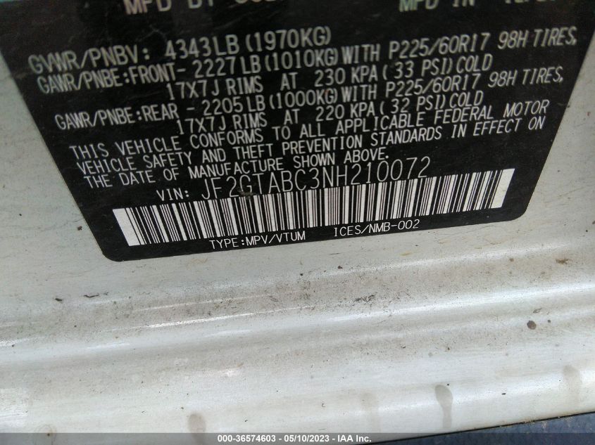2022 SUBARU CROSSTREK - JF2GTABC3NH210072