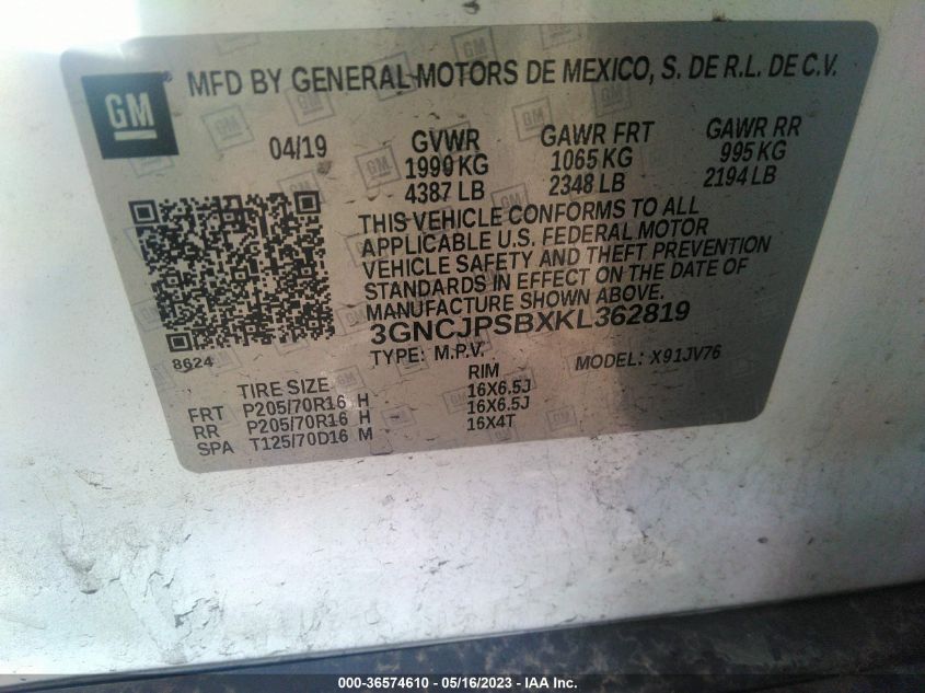 2019 CHEVROLET TRAX LT - 3GNCJPSBXKL362819