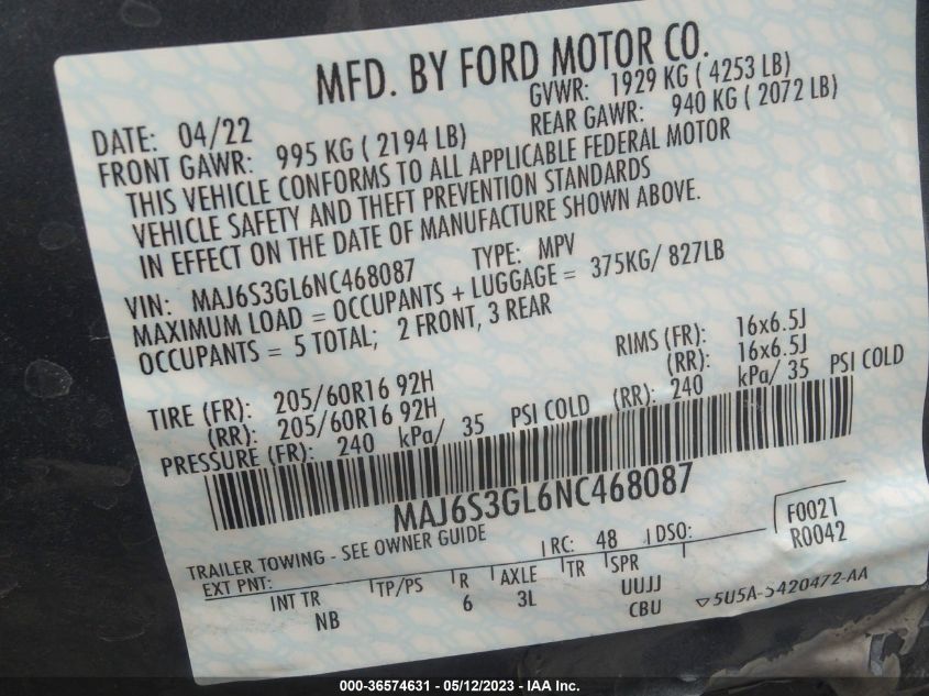 2022 FORD ECOSPORT SE - MAJ6S3GL6NC468087