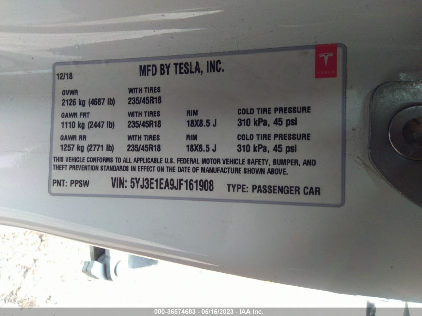 2018 TESLA MODEL 3 RANGE BATTERY - 5YJ3E1EA9JF161908