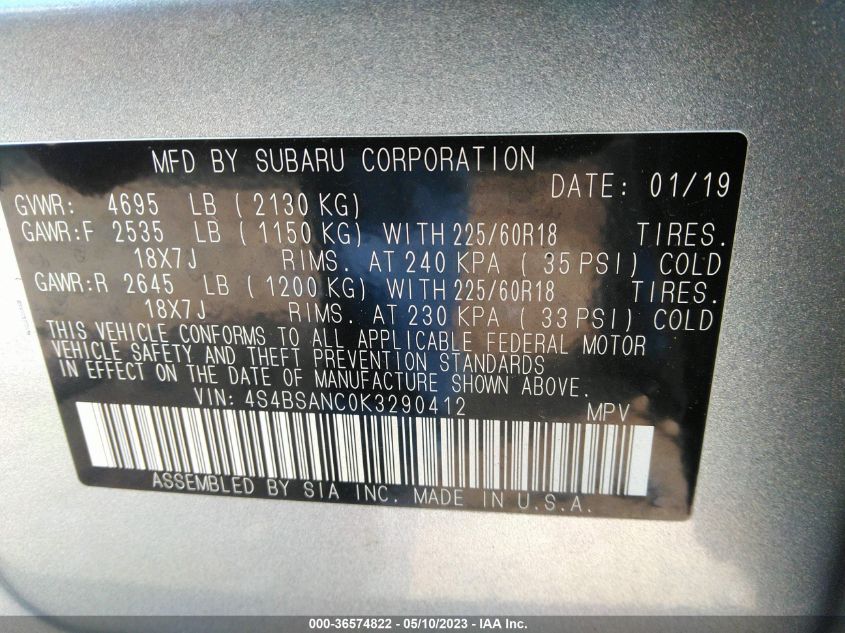 2019 SUBARU OUTBACK LIMITED - 4S4BSANC0K3290412