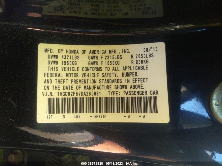 2013 HONDA ACCORD SDN SPORT - 1HGCR2F57DA280681