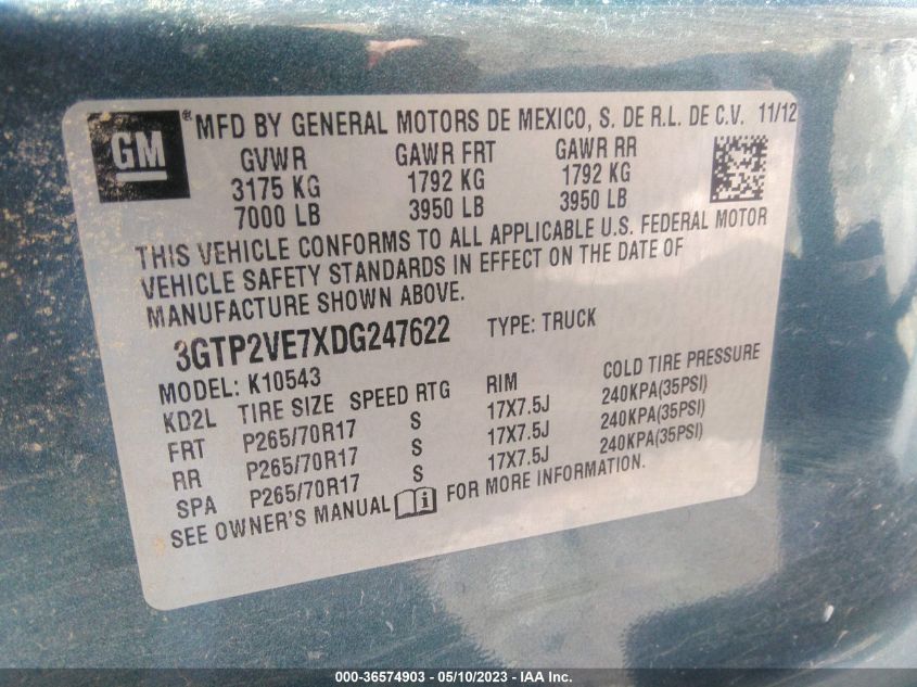 2013 GMC SIERRA 1500 SLE - 3GTP2VE7XDG247622