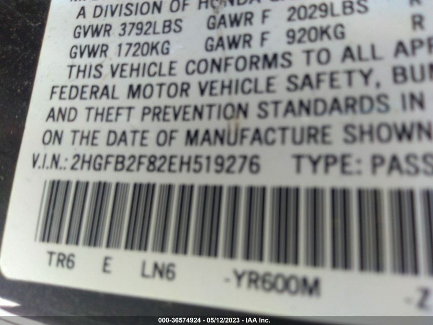 2014 HONDA CIVIC SEDAN EX - 2HGFB2F82EH519276