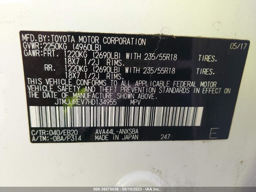 2017 TOYOTA RAV4 HYBRID SE JTMJJREV7HD134955