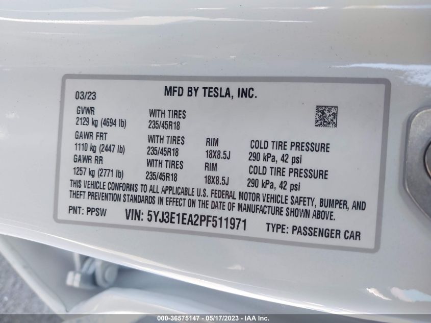 2023 TESLA MODEL 3 - 5YJ3E1EA2PF511971