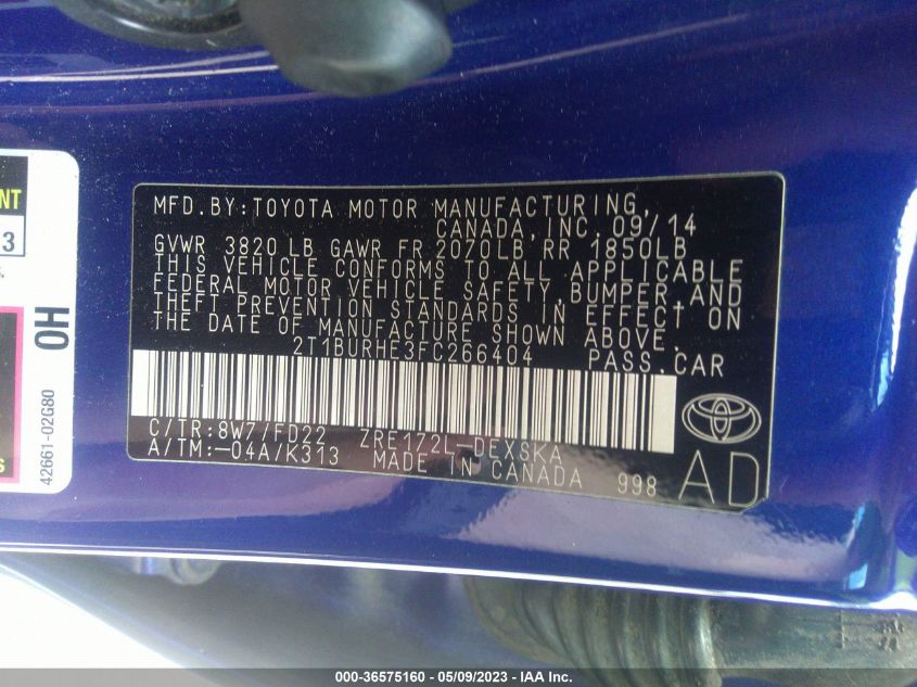 2015 TOYOTA COROLLA L/LE/S/S PLUS/LE PLUS - 2T1BURHE3FC266404