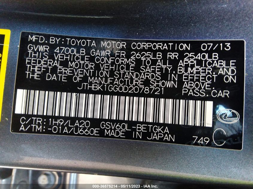 2013 LEXUS ES 350 4DR SDN - JTHBK1GG0D2078721