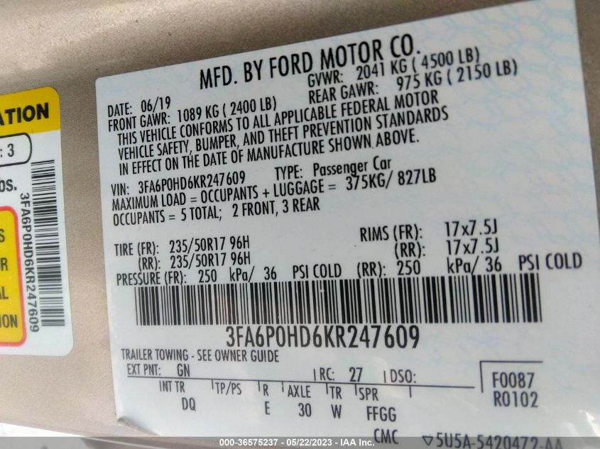 2019 FORD FUSION SE - 3FA6P0HD6KR247609