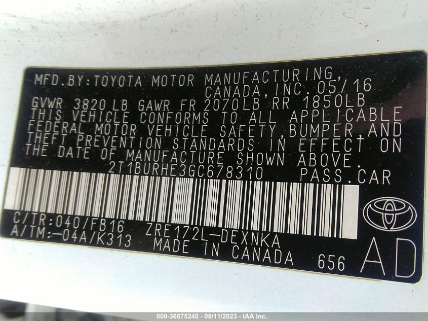 2016 TOYOTA COROLLA L/LE/S/S PLUS/LE PLUS - 2T1BURHE3GC678310