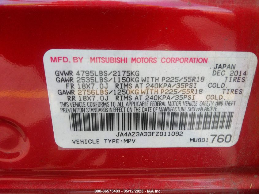 2015 MITSUBISHI OUTLANDER SE - JA4AZ3A33FZ011092